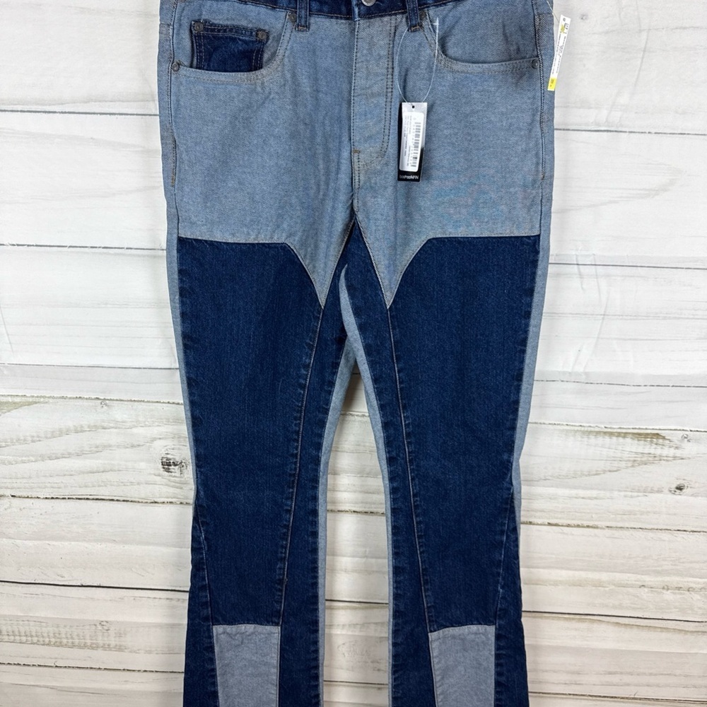 BoohooMAN Blue Two-Tone Bootcut Jeans